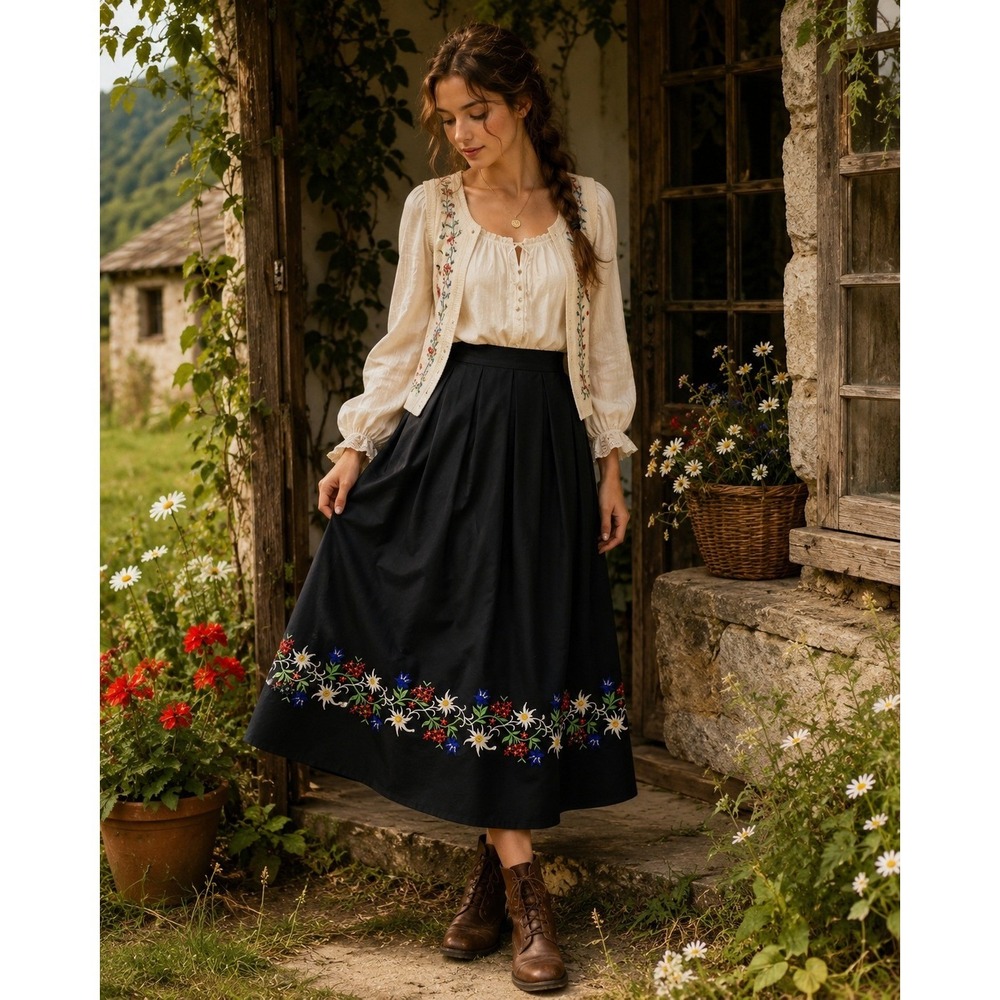 Vintage Ernst Licht Black Midi Skirt Embroidered Floral‎ Folk Cottagecore